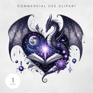 May include: A digital illustration of a dragon inside a heart-shaped frame. The dragon is dark purple with intricate details, wings, and purple eyes. The heart contains a galaxy, moon, and an open book. The image has the text "COMMERCIAL USE CLIPART".