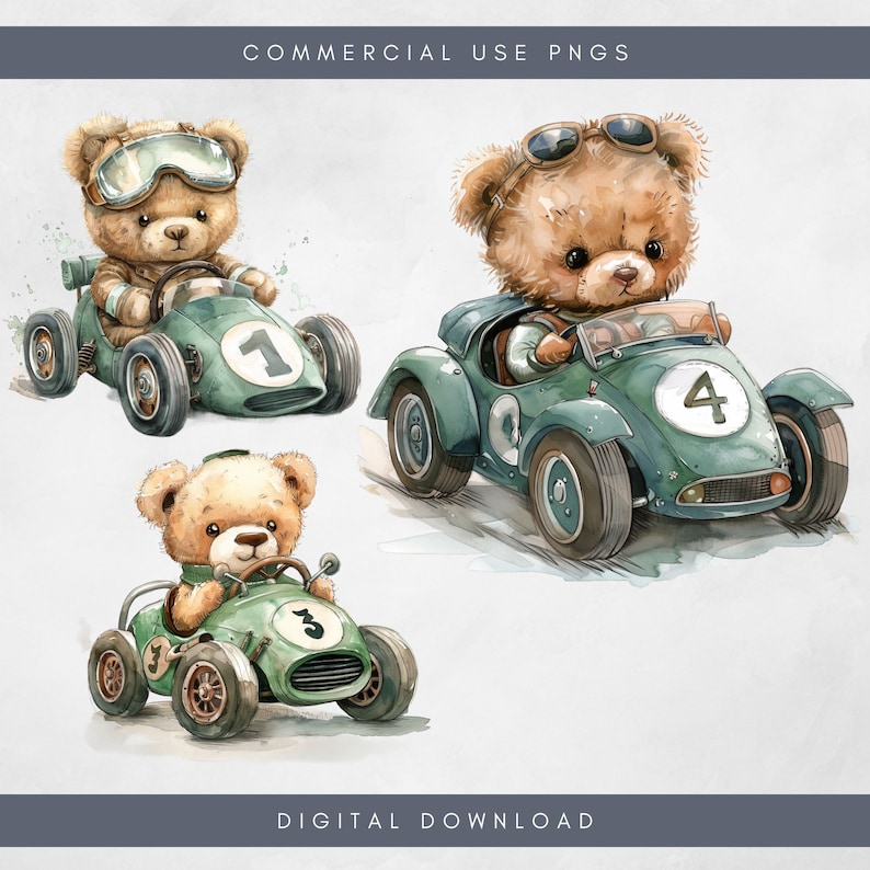 Cute Watercolor Teddy Bear Race Car PNG Green Race Car Clipart Instant ...