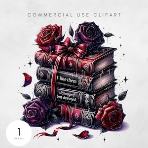 May include: A stack of five vintage books with red and black covers, tied together with a red ribbon and adorned with red and purple roses. The books have a worn, aged look and the text on the spine reads "I like them damaged but devoted."