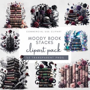 Ensemble de PNG vintage floral foncé de pile de livres Dragon Book Lover Clipart Pack en téléchargement numérique Art de la sublimation pour les amateurs de lecture fantastique