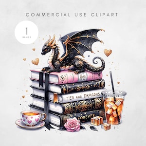 May include: Watercolor illustration featuring a black dragon atop a stack of books. The books have pink and black covers with gold accents. A cup of tea, iced drink, and rose are also present. The text "TEA AND DRAGONS FOREVER" is visible.