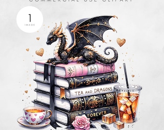 May include: Watercolor illustration featuring a black dragon atop a stack of books. The books have pink and black covers with gold accents. A cup of tea, iced drink, and rose are also present. The text "TEA AND DRAGONS FOREVER" is visible.