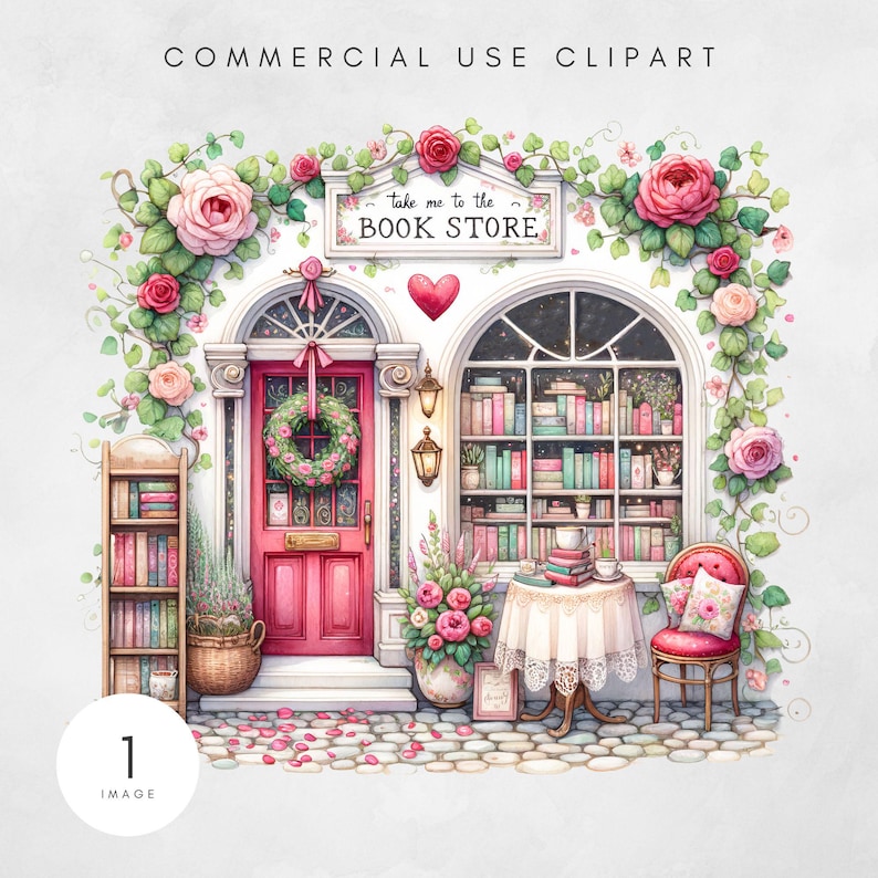 May include: A watercolor illustration of a pink and white storefront with a red door and a sign that reads "Take me to the Book Store". The storefront is decorated with pink roses and a wreath. There is a table with a cup and saucer and a stack of books on it. There is a chair with a pink cushion next to the table.