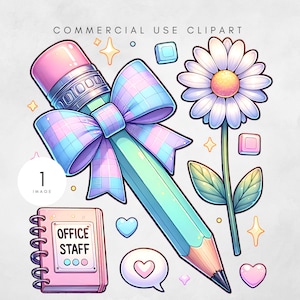 May include: A colourful illustration with a large pencil, a pink eraser, and a plaid bow. A daisy, a notepad with "OFFICE STAFF" text, hearts, and geometric shapes are also shown. The words "COMMERCIAL USE CLIPART" are at the top.