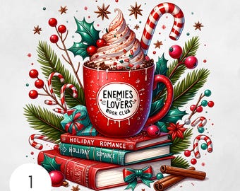 May include: A red mug with the text "Enemies to Lovers Book Club" and a white whipped cream topping, surrounded by holiday decorations like candy canes, holly, and cinnamon sticks. The mug is sitting on top of three books with the title "Holiday Romance".