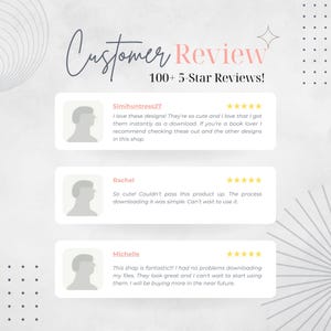 May include: A light background with the words "Customer Review" in a script font and "100+ 5-Star Reviews!". The image includes customer reviews with star ratings and comments about the shop and its products.