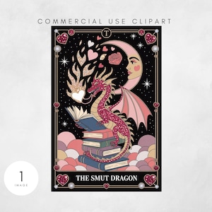 May include: Digital artwork depicting a red dragon reading a book, with hearts and flames, a crescent moon, and a woman's face. The text "THE SMUT DRAGON" is at the bottom. The words "COMMERCIAL USE CLIPART" are at the top.