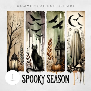 May include: Watercolor illustration with a spooky theme. The image features a black cat, crows, a haunted house, a ghost, and a pumpkin. The text "Spooky Season" is displayed at the bottom. The artwork is labeled "Commercial Use Clipart".