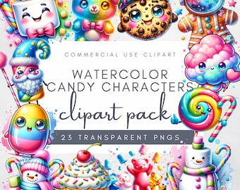 Candy-themed Character PNG Clipart Bright and Fun images Transparent background Watercolor Kawaii Candy Clipart Pack Cute Sweet Graphics