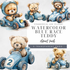 Schattig aquarel teddybeer raceauto PNG blauwe raceauto clipart Instant Download digitale kunst coureur graphics voor babyshower uitnodigingen