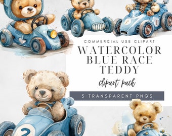 Cute Watercolor Teddy Bear Race Car PNG Blue Race Car Clipart Instant Download Digital Art Race Car Driver Graphics For Baby Shower Invites