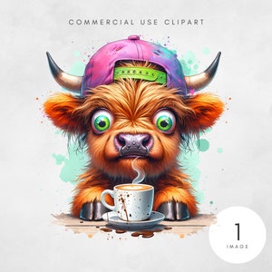 Skurrile Highland Kuh Kaffee Sublimation Design Lustige Sublimations Designs Liebe Kaffee Amerikanische Hochlandkuh Grafik PNG Crazy Eyes Kuh Clipart