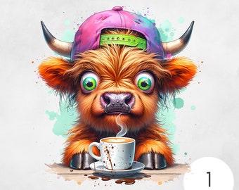 Skurrile Highland Kuh Kaffee Sublimation Design Lustige Sublimations Designs Liebe Kaffee Amerikanische Hochlandkuh Grafik PNG Crazy Eyes Kuh Clipart
