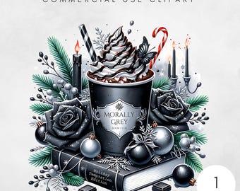 Peut inclure: Illustration numérique d'une tasse de café noire avec de la crème fouettée et du chocolat, une canne en sucre, des roses noires, des boules de Noël et un livre. La tasse porte l'inscription "Morally Grey Book Club". Le livre dit "Holiday Temptation Edition".