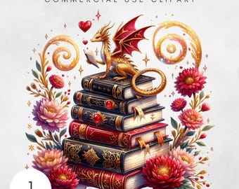 May include: A golden dragon with red wings sits on a stack of antique books with gold accents. The dragon is holding a book and has a heart above its head. The books are surrounded by red and pink flowers.
