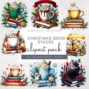 May include: A digital clipart pack of 14 images featuring stacks of books with mugs of hot chocolate, coffee, and other winter beverages. The mugs are decorated with whipped cream, marshmallows, and other festive toppings. The books are decorated with Christmas-themed illustrations and ornaments. The text "Christmas Book Stacks clipart pack 14 TRANSPARENT PNGs" is displayed on the image.