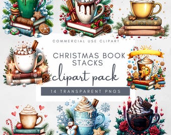 Paquete de imágenes prediseñadas de pila de libros, libros apilados de Navidad, imágenes prediseñadas festivas, gráficos de biblioteca, diario basura, diseños para amantes de los libros, paquete de pila de libros