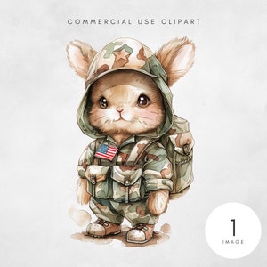 May include: A cartoon bunny wearing a camouflage military uniform with a backpack and an American flag patch. The bunny has brown fur and large brown eyes.