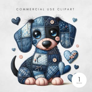 May include: A patchwork puppy illustration in shades of blue, black, and pink. The dog is made of denim-like fabric squares, with button accents and large, expressive eyes. The image includes heart-shaped embellishments and the text "COMMERCIAL USE CLIPART".