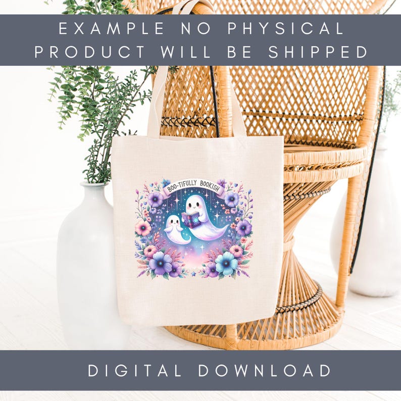 May include: A cream tote bag with a colourful illustration of two ghost characters reading a book, surrounded by flowers. The text "BOO-TIFULLY BOOKISH" is above the ghosts. The bag is near a wicker chair and a white vase.