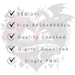 K&ouml;nnte beinhalten: Digitaler Download-Grafik mit einem schwarzen Drachen mit ausgebreiteten Fl&uuml;geln, Rosen und einem offenen Buch. Der Text enth&auml;lt "300 DPI", "Gr&ouml;&szlig;e: 4000 x 4000 px", "Qualit&auml;tsgepr&uuml;ft", "Digitaler Download" und "Single PNG".