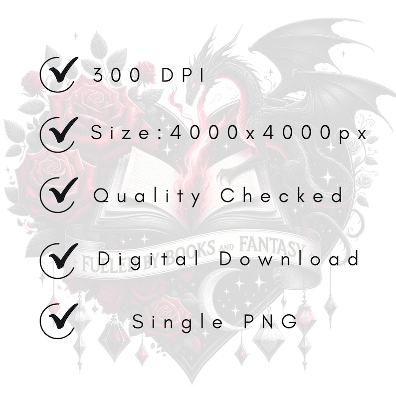 K&ouml;nnte beinhalten: Digitaler Download-Grafik mit einem schwarzen Drachen mit ausgebreiteten Fl&uuml;geln, Rosen und einem offenen Buch. Der Text enth&auml;lt "300 DPI", "Gr&ouml;&szlig;e: 4000 x 4000 px", "Qualit&auml;tsgepr&uuml;ft", "Digitaler Download" und "Single PNG".