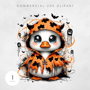 Op de afbeelding: Een schattig cartoon eendje met een Halloween kostuum met een oranje en zwarte gevlekte capuchon en cape. Het eendje heeft grote blauwe ogen en een oranje snavel. De afbeelding bevat vleermuizen, geesten en de tekst "COMMERCIAL USE CLIPART".