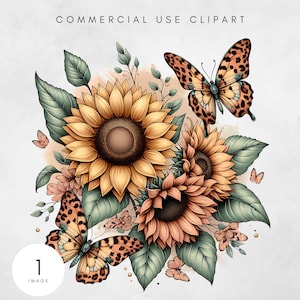 Sunflower Butterfly PNG, Sublimation Clipart, Digital Download, Floral Design, Printable Art for DIY Projects Floral Clipart Leopard Graphic
