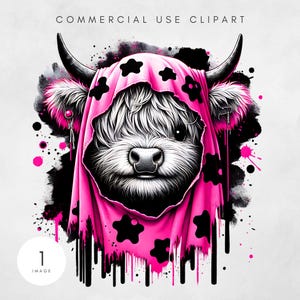 May include: Digital illustration of a Highland cow wearing a pink hooded cloak with black flower shapes. The cow has black horns, a nose ring, and pink earrings. The background features black and pink paint splatters, and the text "COMMERCIAL USE CLIPART".