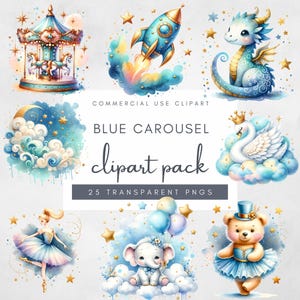 Aquarelle bleu carrousel des cliparts, lunatique ballerine carrousel graphique magique, vintage carrousel poney, chambre d'enfant PNG, clipart baby shower