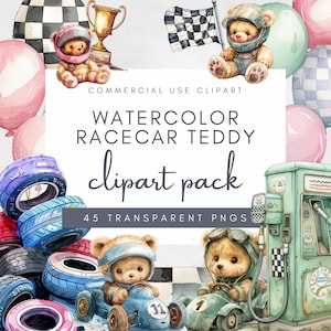 Vintage teddybeer racen clipart, aquarel auto's verjaardagselementen, raceauto thema frames teddy raceauto graphics voor nodigt babyshower