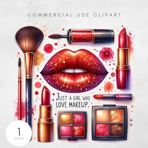 May include: A set of makeup products including a red lipstick, a red and gold eyeshadow palette, a red and black mascara, a red lipstick, a red and gold glitter lip, and a makeup brush. The text "Just a girl who love makeup." is written in black on a white background.