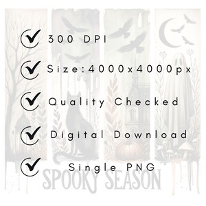 May include: A digital download graphic with a spooky theme. The image features a black cat, a haunted house, a ghost, and crows. Text includes "300 DPI", "Size: 4000 x 4000 px", "Quality Checked", "Digital Download", "Single PNG", and "Spooky Season".