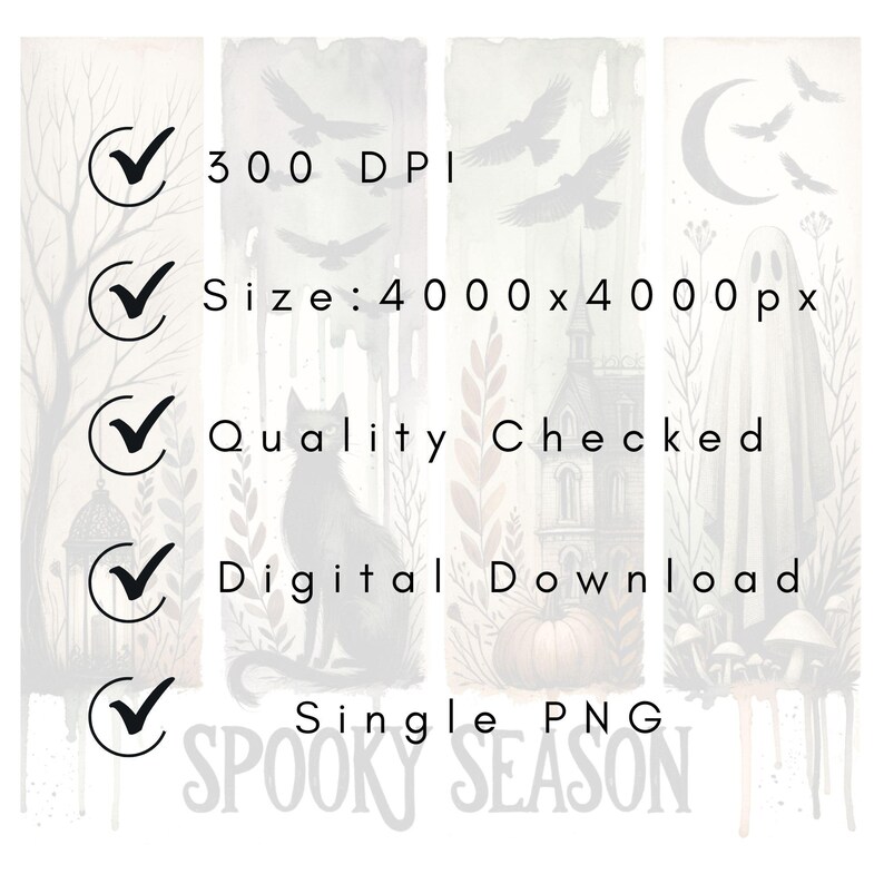 May include: A digital download graphic with a spooky theme. The image features a black cat, a haunted house, a ghost, and crows. Text includes "300 DPI", "Size: 4000 x 4000 px", "Quality Checked", "Digital Download", "Single PNG", and "Spooky Season".