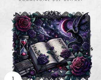 May include: An open book with a crescent moon and stars in the background. The book is surrounded by black roses and a dragon. An hourglass with red sand is in the foreground. The text "COMMERCIAL USE CLIPART" is at the top of the image.