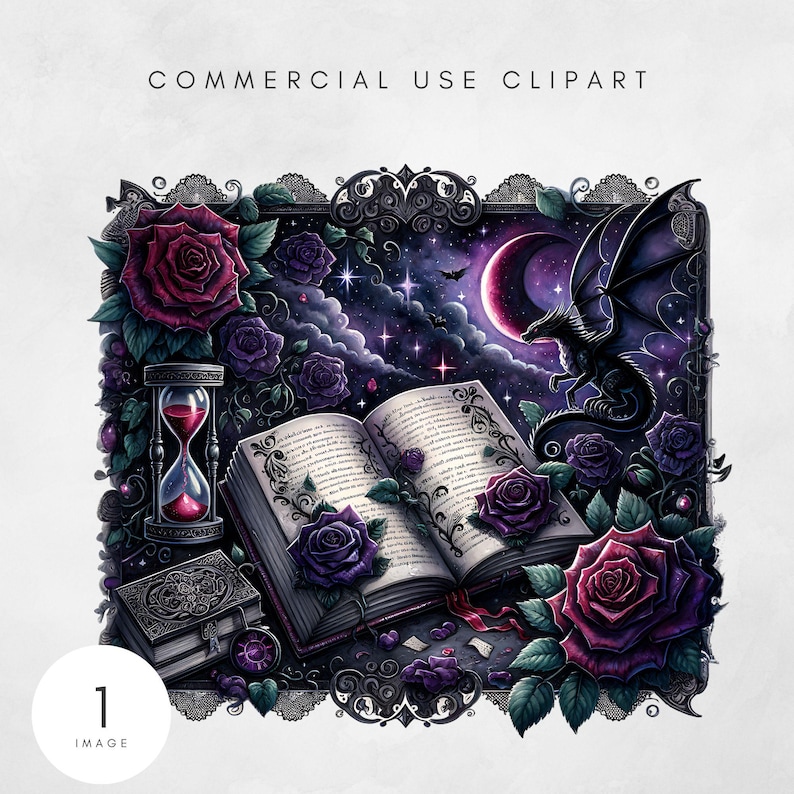 K&ouml;nnte beinhalten: Ein offenes Buch mit einem Halbmond und Sternen im Hintergrund. Das Buch ist von schwarzen Rosen und einem Drachen umgeben. Eine Sanduhr mit rotem Sand steht im Vordergrund. Der Text "COMMERCIAL USE CLIPART" befindet sich oben im Bild.
