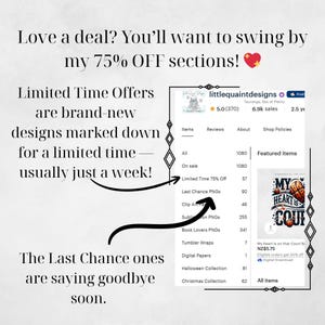 May include: Image promoting a shop's 75% off sections, with text about limited-time offers and last chance items. The shop's name and star rating are visible, along with a list of product categories.