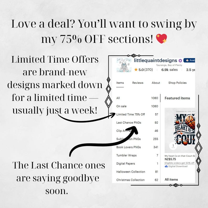 May include: Image promoting a shop's 75% off sections, with text about limited-time offers and last chance items. The shop's name and star rating are visible, along with a list of product categories.