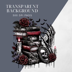 May include: A stack of old books with dripping wax, a skeletal hand, roses, and candles. The books are bound in leather and have a vintage look. The image has a dark and gothic aesthetic.