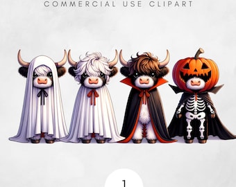 Krowa szkocka na Halloween w formacie PNG, słodka jesienna sztuka, upiorna sublimacja sezonowa, pobieranie cyfrowe, clipart halloweenowy jałówka, duch krowy wampira w formacie PNG