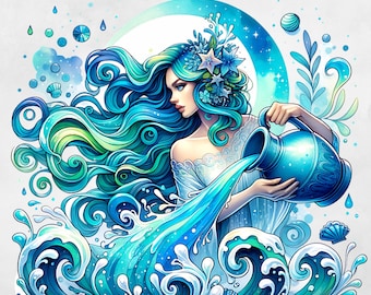 Black Aquarius Zodiac Girl - PNG File, Horoscope T-shirt Digital