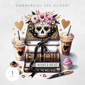 May include: Illustration featuring a stack of books with a skull adorned with flowers. The books are tied with a black ribbon and have the text "BOOKS & BREWS FOR THE WELL READ". Two iced coffees with heart-shaped designs, a cupcake, and a pen are also present.