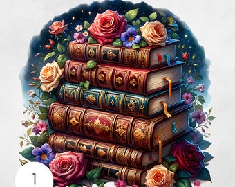 Wildflower-boek PNG, clipart lezen, bloemdessin voor boekenliefhebbers, digitale download, sublimatie ambachtelijke benodigdheden mooie bloemen boekenstapel