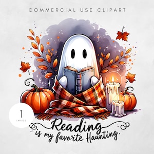 May include: A digital illustration of a friendly ghost reading a book, wrapped in a plaid scarf, surrounded by pumpkins, autumn leaves, and lit candles. The text "Reading is my favourite Haunting" is also included.