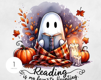 Divertido amante de los libros Halloween PNG Fantasma leyendo un libro Lindo bibliotecario PNG Temporada espeluznante Descarga digital Muerto cansado Todavía leyendo Fantasma vintage