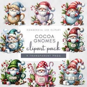 Watercolor Hot Cocoa Gnomes Clipart, Cute Christmas Gnomes Clipart, Festive Gnomes Clipart, Gnomes PNG, Holiday Sublimation Digital Files