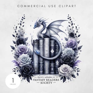Könnte beinhalten: Digitale Illustration eines silbernen Drachen auf einem Bücherstapel, umgeben von Rosen in Lila, Grau und Weiß. Der Text oben lautet "COMMERCIAL USE CLIPART" und unten "PROUD MEMBER OF FANTASY READERS SOCIETY".