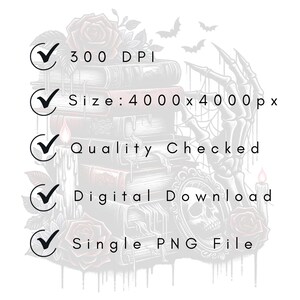 May include: A digital download of a single PNG file featuring a black and white illustration of a skeletal hand reaching for a stack of books. The books are decorated with roses and a skull in a frame. The image is 4000 x 4000 pixels and 300 DPI.