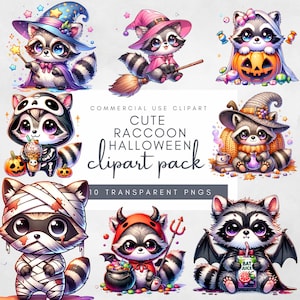 Pack PNG de cliparts d'Halloween de raton laveur, conception de raton laveur effrayant effrayant, mignons ratons laveurs d'Halloween en costume pour enfants, invitations à une fête d'Halloween