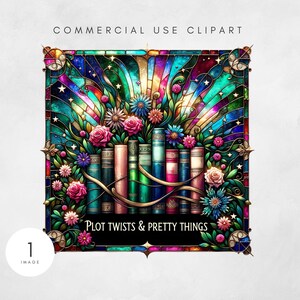 May include: A colorful stained-glass design featuring a row of books with floral accents. The image includes the text "COMMERCIAL USE CLIPART" at the top and "PLOT TWISTS & PRETTY THINGS" at the bottom. The design is framed with ornate gold detailing.